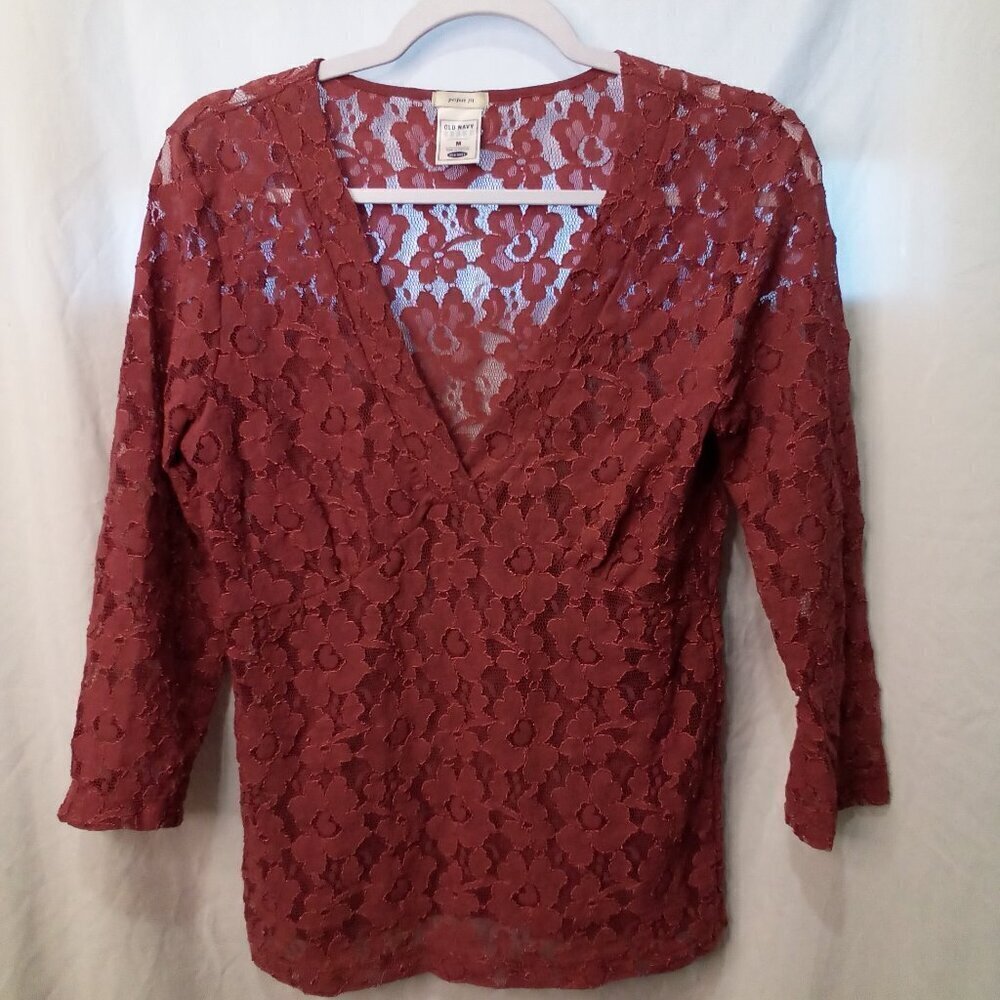 Old Navy Blouse Women M Lace Sheer Long Sleeve Brown Red Color